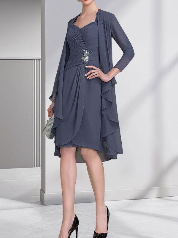 Vestido de gasa para madre de la novia con escote corazón, largo hasta la rodilla, con apliques de cuentas, encaje y lentejuelas plisado.