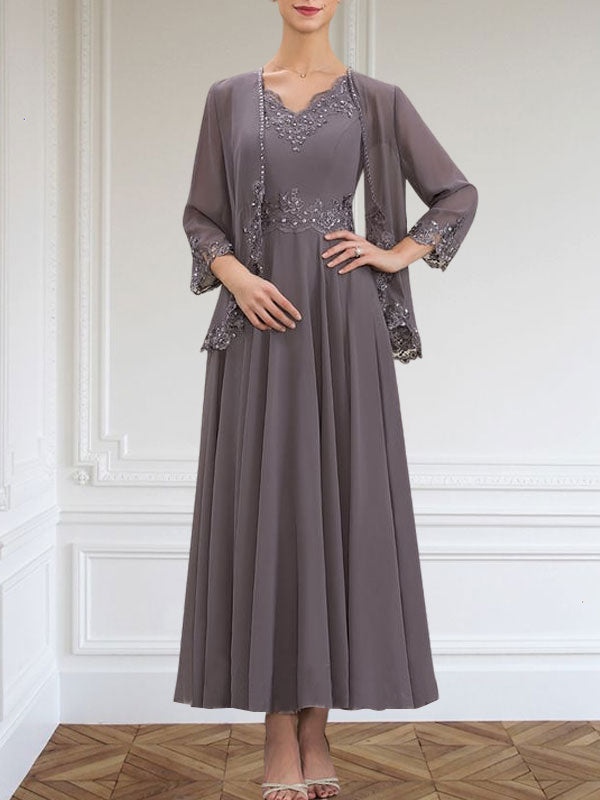Vestido de gasa para madre de la novia, corte A, escote en V, largo hasta los tobillos, con apliques de lentejuelas, encaje y cuentas