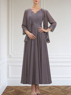 Vestido de gasa para madre de la novia, corte A, escote en V, largo hasta los tobillos, con apliques de lentejuelas, encaje y cuentas