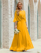 Vestido de dama de honor Sunnderly para mujer, de gasa, manga larga y cuello en V, vestido formal para boda o fiesta SY28018 