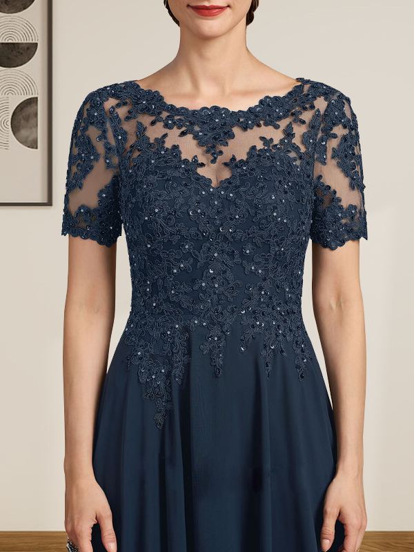 Vestido de gasa con encaje y lentejuelas para madre de la novia, largo hasta el suelo, con escote en A y ilusión
