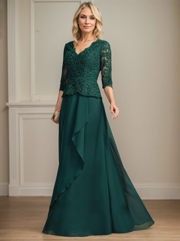 A-Linie V-Ausschnitt Bodenlanges Spitzen-Chiffon-Kleid für die Brautmutter mit kaskadierenden Rüschen und Pailletten 