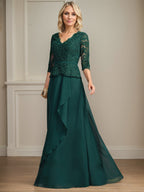 A-Linie V-Ausschnitt Bodenlanges Spitzen-Chiffon-Kleid für die Brautmutter mit kaskadierenden Rüschen und Pailletten 
