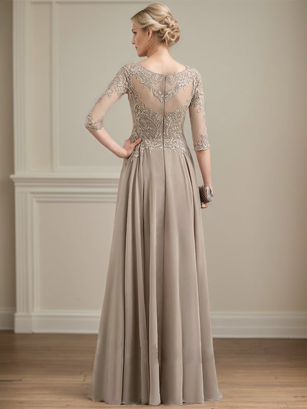 Vestido de gasa con encaje y lentejuelas para madre de la novia, corte A, escote ilusión, largo hasta el suelo