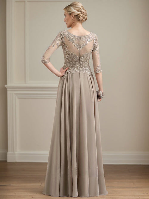 Vestido de gasa con encaje y lentejuelas para madre de la novia, corte A, escote ilusión, largo hasta el suelo