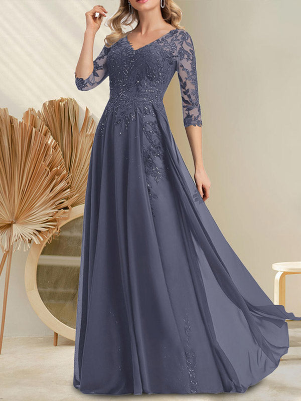 A-Linie V-Ausschnitt Bodenlanges Spitzenchiffonkleid für die Brautmutter mit Pailletten