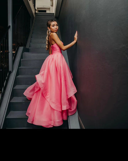 Elisa | Vestido de fiesta de organza rosa claro, corte A, sin tirantes