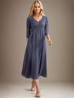 A-Linie V-Ausschnitt Wadenlanges Chiffon-Spitzenkleid für die Brautmutter mit Perlenbesatz
