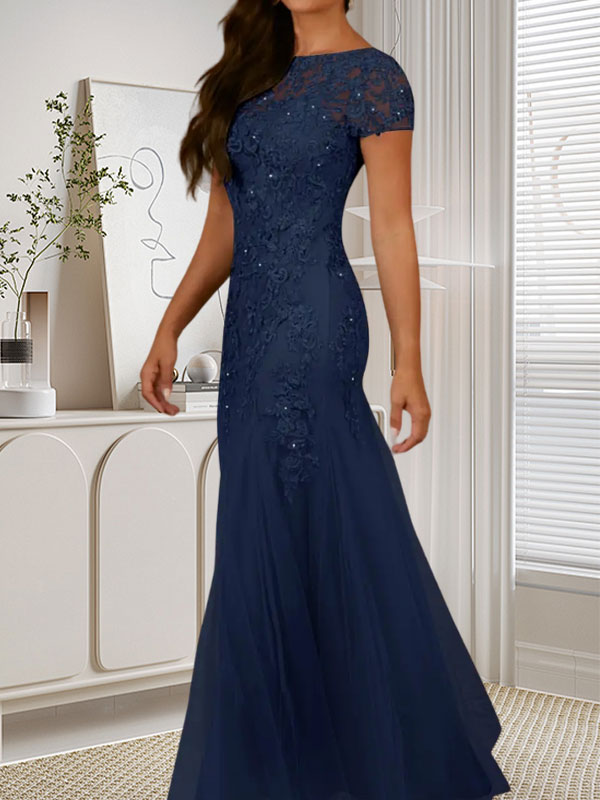 Vestido de tul con lentejuelas y escote redondo de sirena en azul marino oscuro