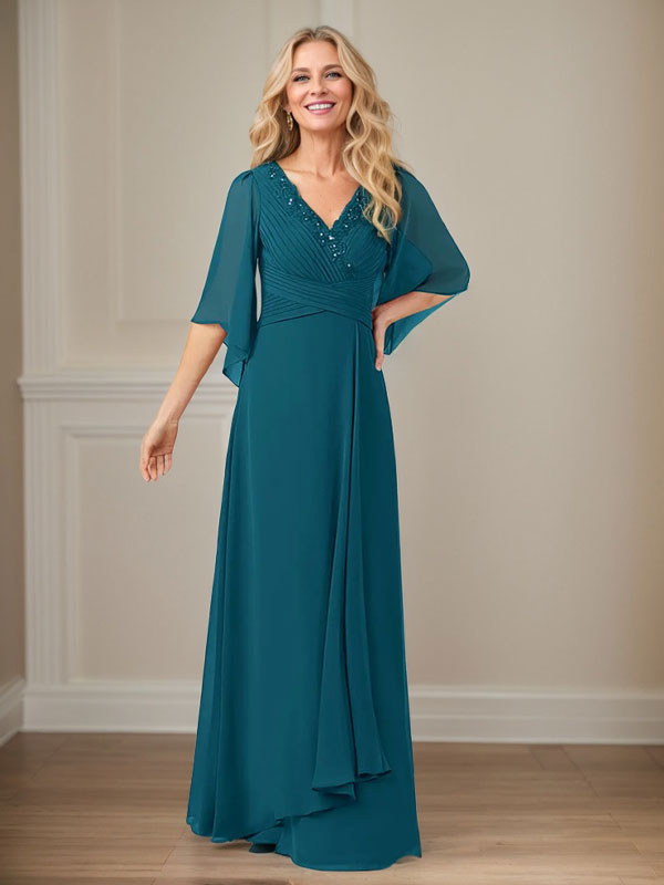 Vestido largo de gasa con lentejuelas y escote en V en forma de A para madre
