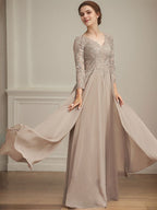 A-Linie V-Ausschnitt Bodenlanges Spitzen-Chiffon-Kleid für die Brautmutter mit Pailletten 