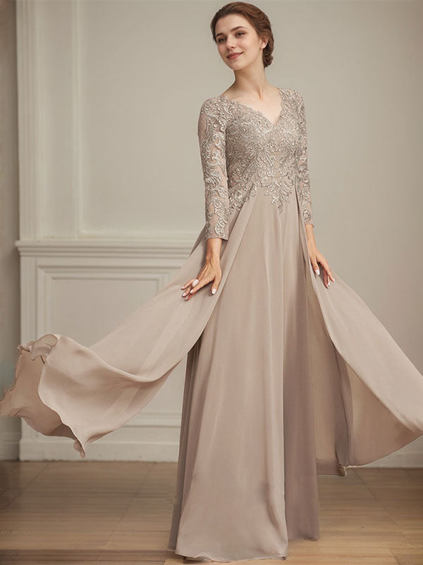 Vestido de madre de la novia de gasa con encaje, escote en V y lentejuelas, largo hasta el suelo