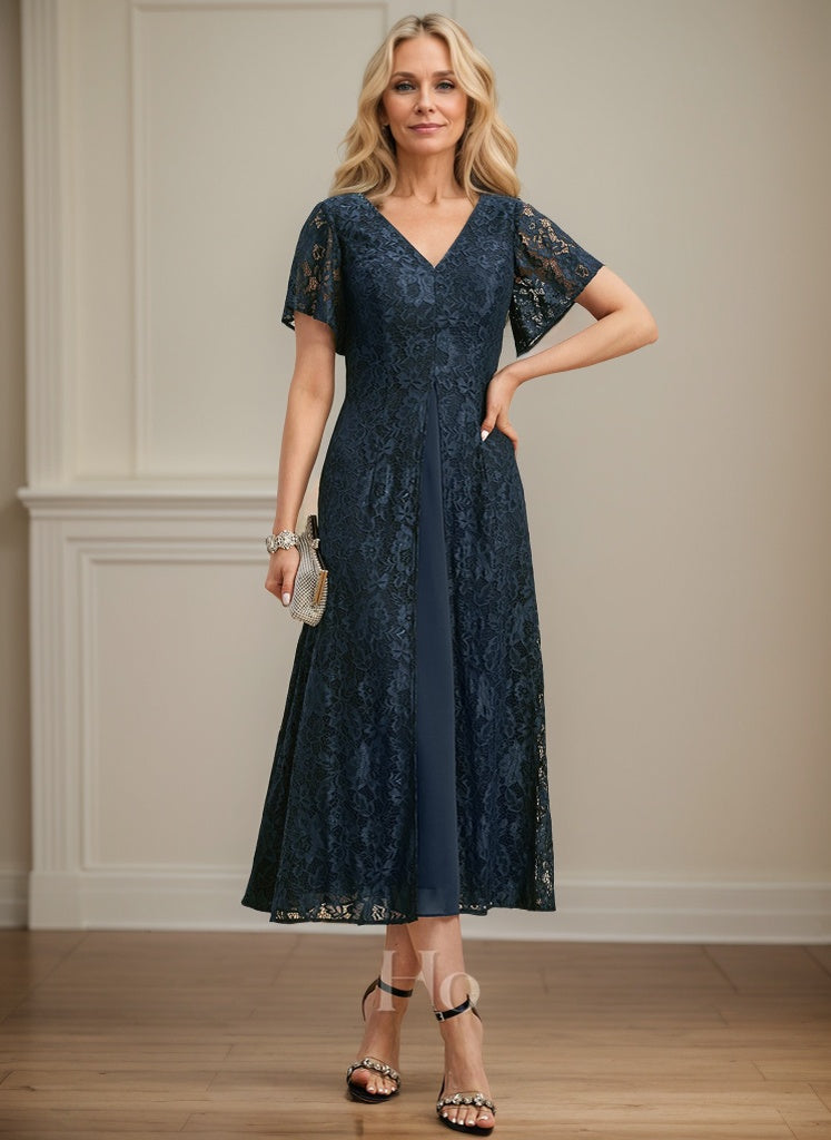 Vestido de gasa con encaje y escote en V para madre de la novia, largo hasta la rodilla