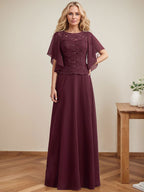 Vestido de gasa con encaje y lentejuelas para madre de la novia, corte A, escote ilusión, largo hasta el suelo