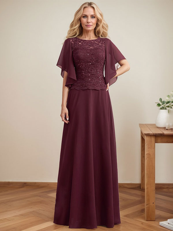 Vestido de gasa con encaje y lentejuelas para madre de la novia, corte A, escote ilusión, largo hasta el suelo