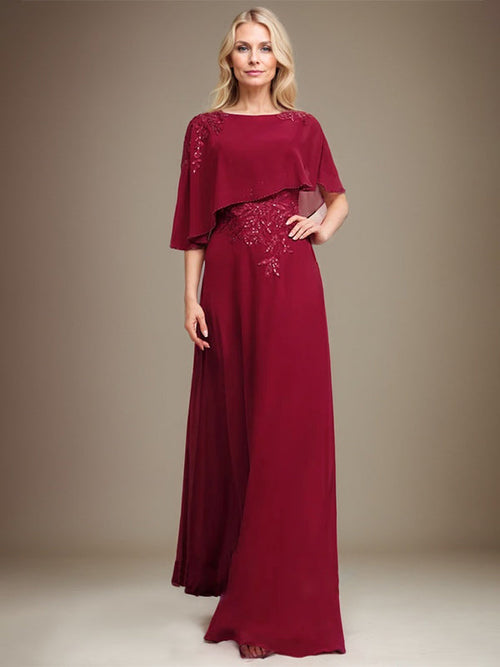 Vestido de gasa con encaje y lentejuelas para madre de la novia, corte A, largo hasta el suelo