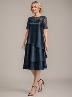 Vestido de madre de la novia con corte en A, escote redondo y largo hasta la rodilla, con apliques y lentejuelas
