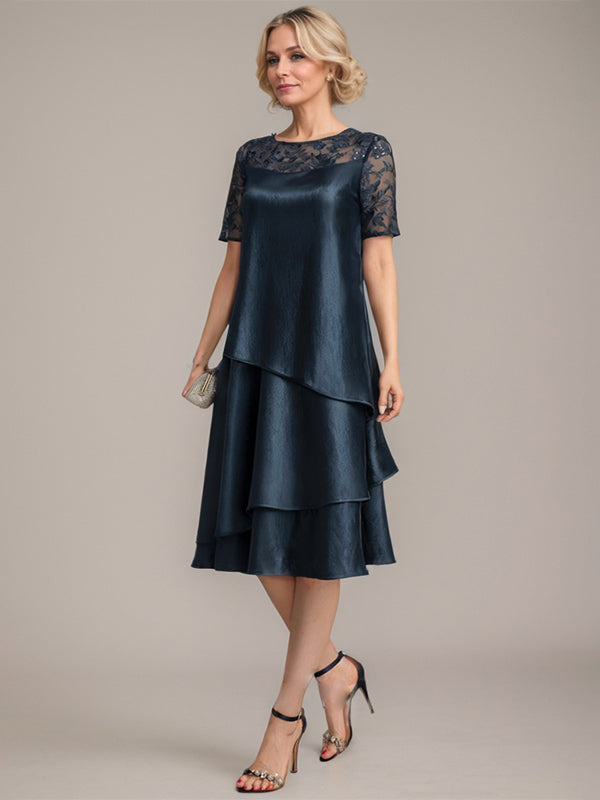 Vestido de madre de la novia con corte en A, escote redondo y largo hasta la rodilla, con apliques y lentejuelas