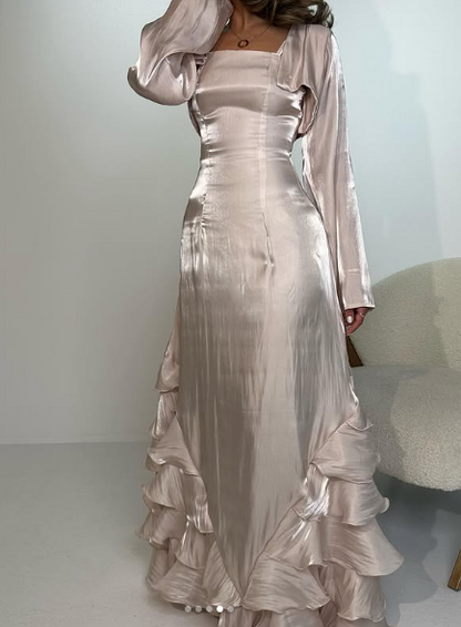 Vintage Prom Dresses with Pleated Ruffles Floor Length Evening Gown Y4595