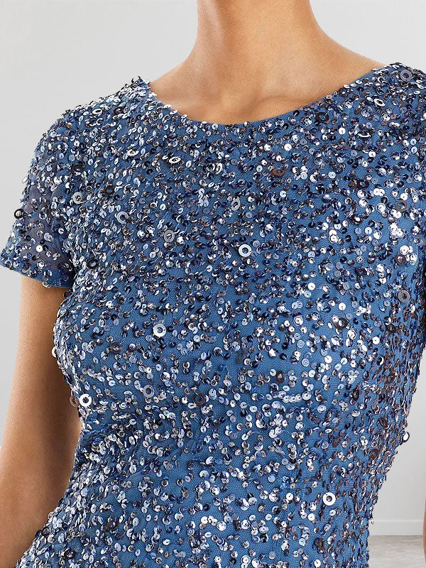 Vestido largo de madre de la novia con escote redondo y lentejuelas en azul polvoriento