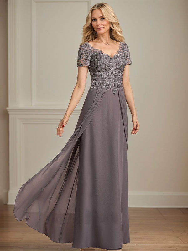 Vestido de gasa con encaje y escote en V hasta el suelo para madre de la novia