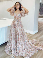 Sydney | Vestido de fiesta de tul floral con hombros descubiertos y corte en A
