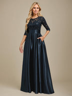 Vestido de madre de la novia de satén elástico con encaje, corte A, escote ilusión, largo hasta el suelo, con lazo y lentejuelas