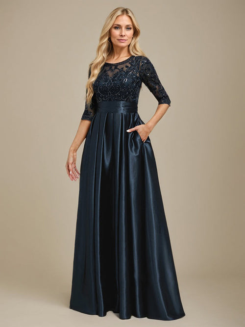 Vestido de madre de la novia de satén elástico con encaje, corte A, escote ilusión, largo hasta el suelo, con lazo y lentejuelas