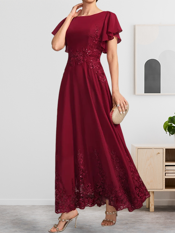 A-Linie U-Ausschnitt Knöchellang Spitzen-Chiffon-Kleid für die Brautmutter mit Pailletten