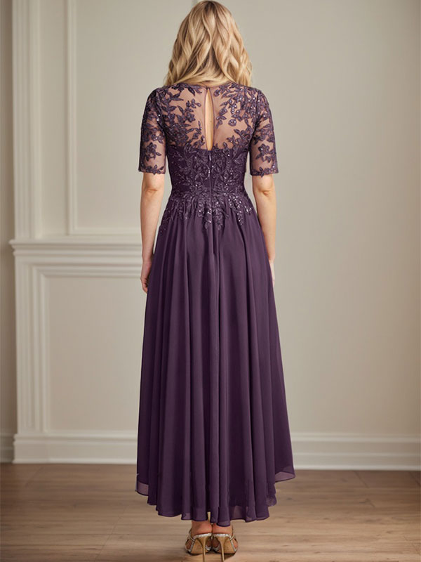 Vestido de madre de la novia de gasa asimétrica con encaje, ilusión, corte A y lentejuelas