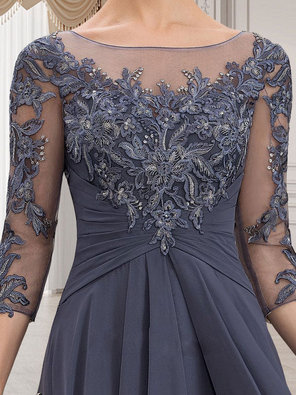 Vestido de gasa con encaje, corte A, escote ilusión, largo hasta el suelo, para madre de la novia con volantes en cascada