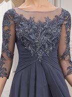 Vestido de gasa con encaje, corte A, escote ilusión, largo hasta el suelo, para madre de la novia con volantes en cascada