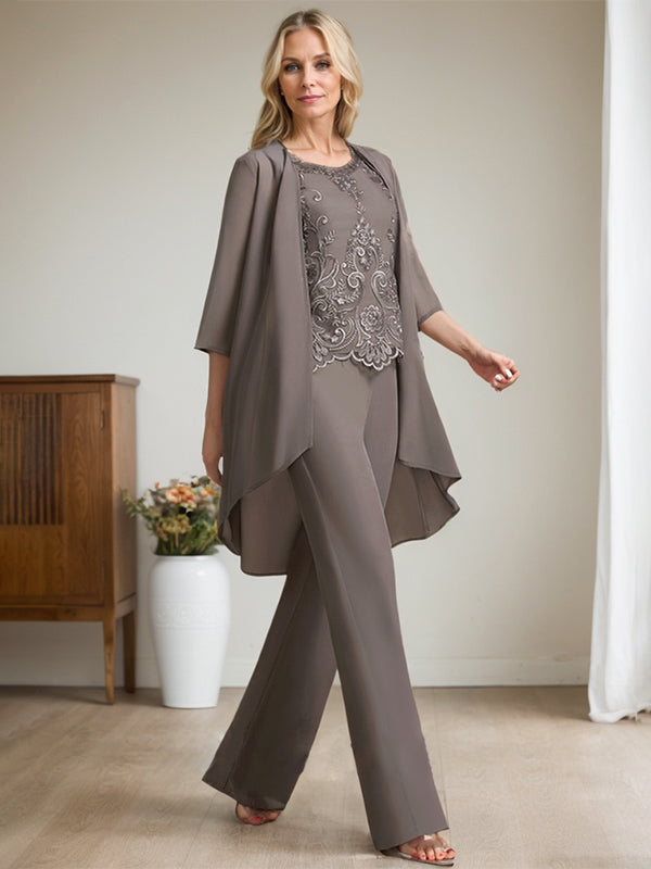 Vestido de madre de la novia de gasa con encaje, escote redondo y lentejuelas y mono/pantalón separado