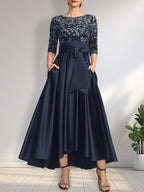 Vestido de madre de la novia de encaje satinado asimétrico con ilusión de corte A y lazo