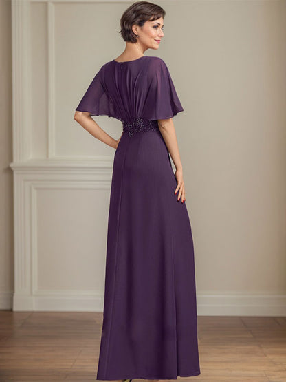 A-Linie V-Ausschnitt Bodenlanges Chiffonkleid für die Brautmutter mit plissierten Paillettenapplikationen Spitze