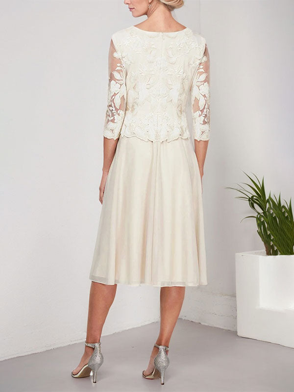 Vestido de gasa con encaje y bordado para madre de la novia, corte A, escote redondo y largo hasta la rodilla