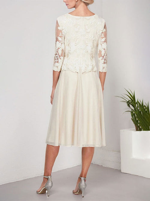 Vestido de gasa con encaje y bordado para madre de la novia, corte A, escote redondo y largo hasta la rodilla