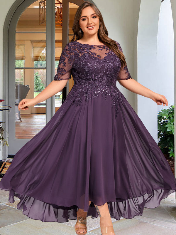 Vestido de madre de la novia de gasa asimétrica con encaje, ilusión, corte A y lentejuelas