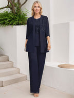 Jumpsuit/Pantsuit Separates Scoop Floor-Length Chiffon Lace Mother of the Bride Dress With Sequins