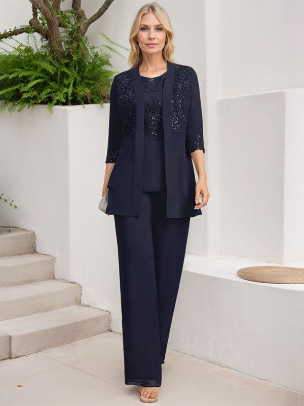Jumpsuit/Pantsuit Separates Scoop Floor-Length Chiffon Lace Mother of the Bride Dress With Sequins