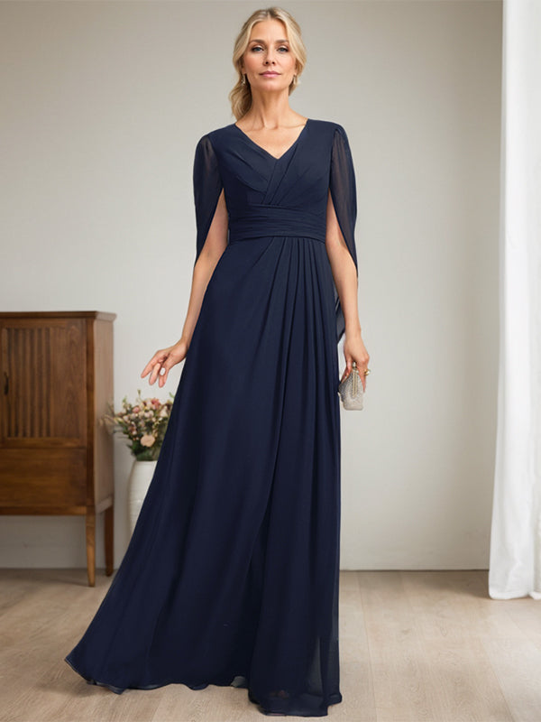 Vestido largo azul marino oscuro con escote en V y corte A para madre de la novia