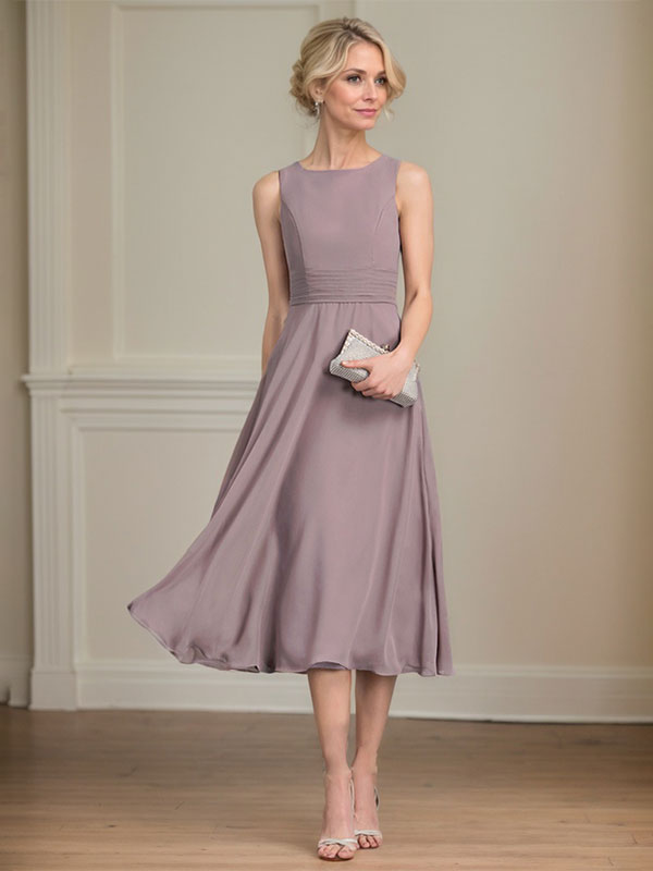 Vestido de gasa para madre de la novia con corte en A, escote redondo y largo hasta la rodilla con pliegues