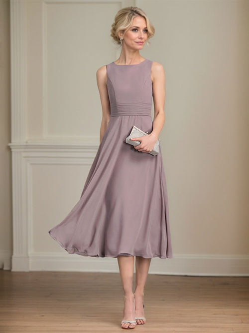 Vestido de gasa para madre de la novia con corte en A, escote redondo y largo hasta la rodilla con pliegues