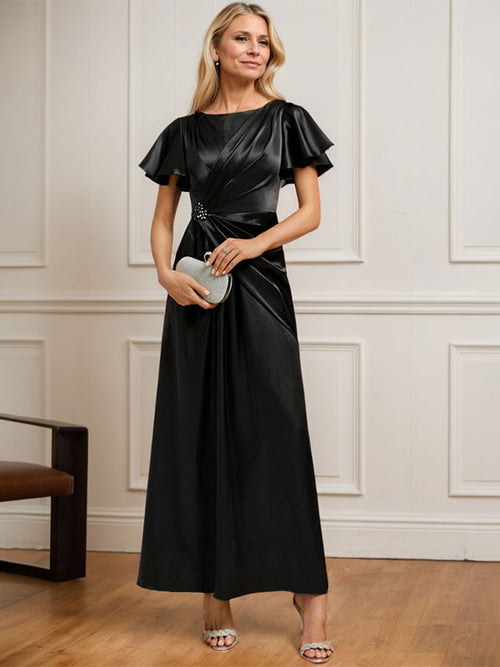 Vestido de madre de la novia de satén elástico con escote redondo y largo hasta los tobillos, con cuentas plisadas