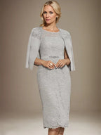 Vestido de gasa con encaje y cuentas para madre de la novia, largo hasta la rodilla, con escote redondo y corte columna
