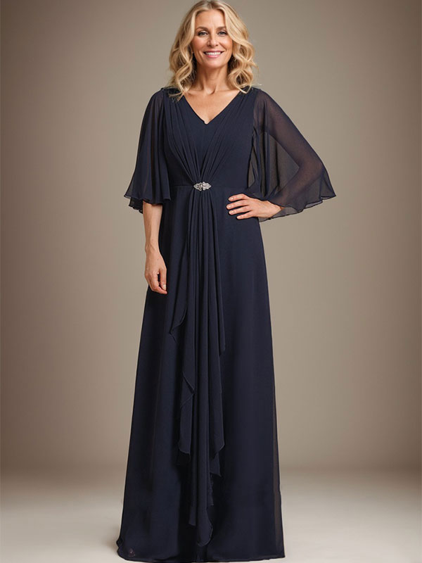 Vestido de gasa para madre de la novia, corte A, escote en V, largo hasta el suelo, con volantes en cascada y broche de cristal