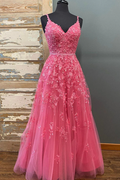 Vestido de fiesta largo de encaje rosa intenso con escote en V y cuentas, vestido de noche formal de graduación con encaje rosa intenso Y216