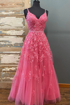 Vestido de fiesta largo de encaje rosa intenso con escote en V y cuentas, vestido de noche formal de graduación con encaje rosa intenso Y216
