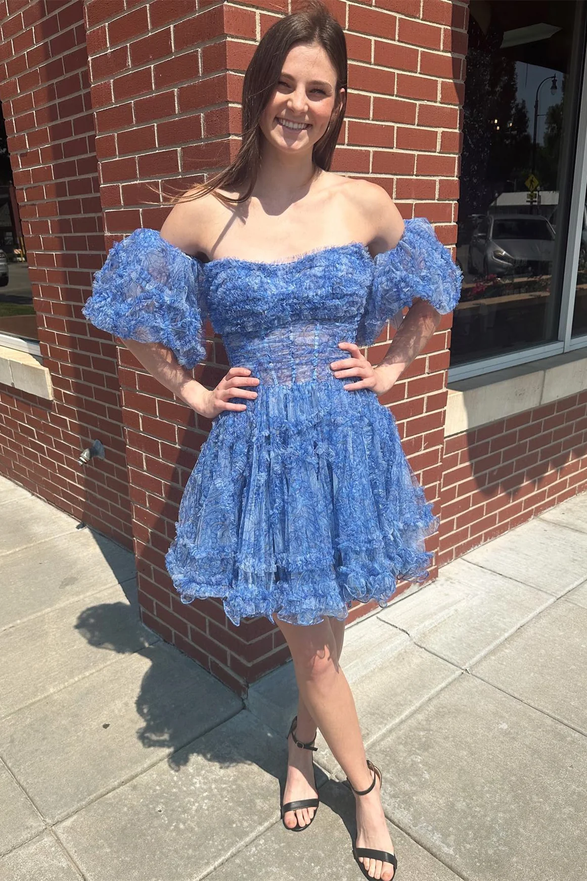 Vestido de fiesta azul con mangas abullonadas, volantes y corte A, estampado Y2714