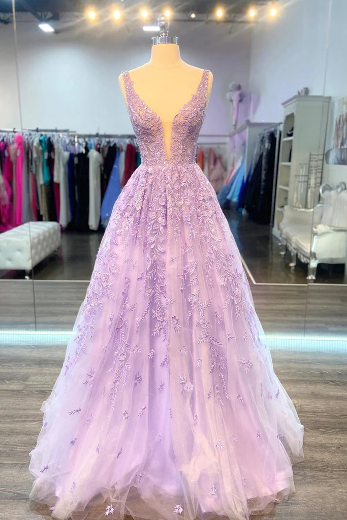 Vestido de fiesta largo de encaje morado con escote en V, vestido formal de encaje lila, vestido de noche morado Y200
